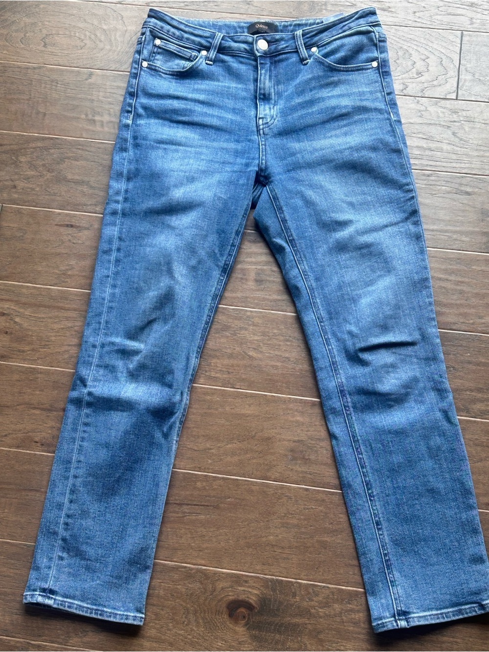 Quince stretch mid rise slim straight jeans. 29/28 color seaside blue